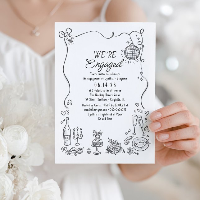 Invitación Partido de compromiso caprichoso y caprichoso (Whimsical Hand Drawn Quirky Doodles Cute Engagement Party Invitation)