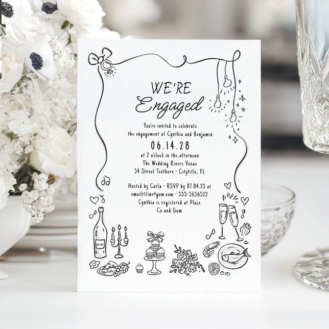 Invitación Partido de compromiso caprichoso y caprichoso (Whimsical funky drawings engagement party invitation)