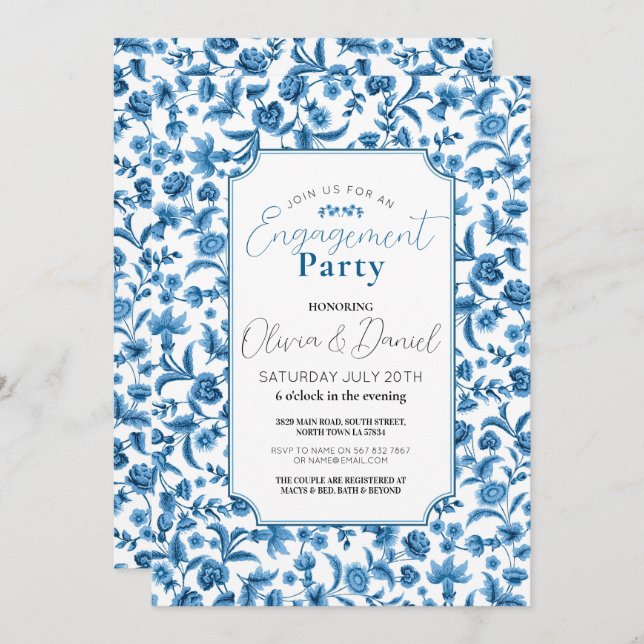 Invitación Partido de compromiso Chintz Blue & White Floral D (Anverso / Reverso)