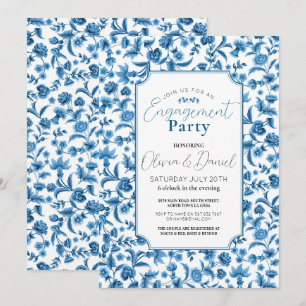 Invitación Partido de compromiso Chintz Blue & White Floral D