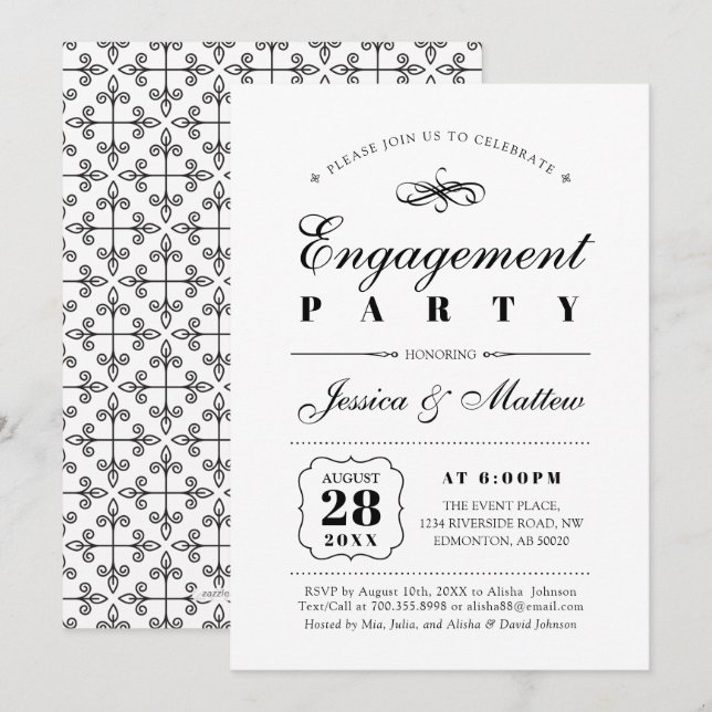 Invitación Partido de compromiso clásico elegante negro y bla (Anverso / Reverso)