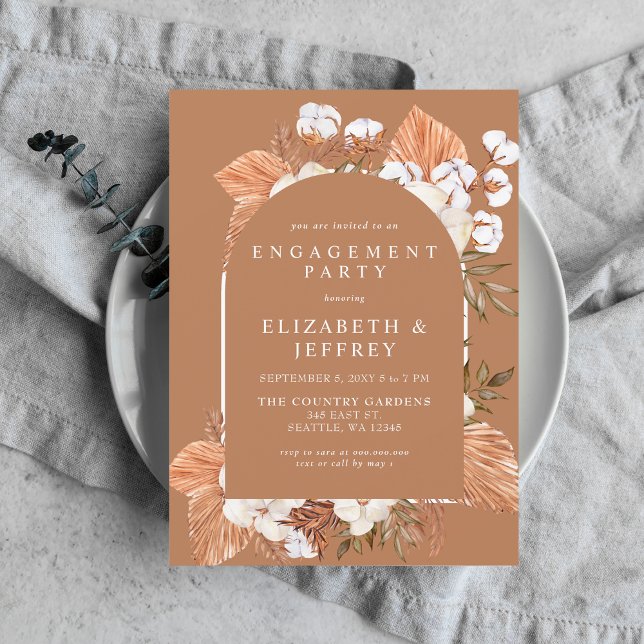 Invitación Partido de Compromiso con Arcos Terracota Boho Pam (Terracotta Boho Pampas Arched Engagement Party Invitation)