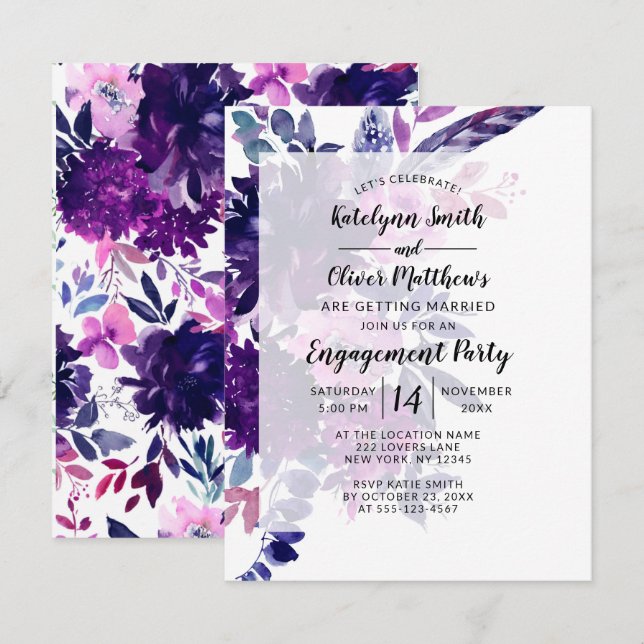 Invitación Partido de compromiso de acuarela floral encantada (Anverso / Reverso)