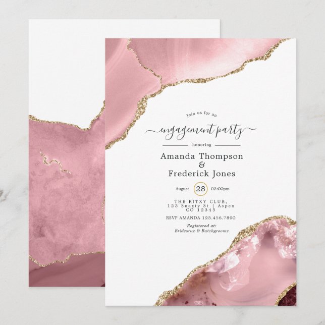 Invitación Partido de Compromiso de Agates de Rubor y Gold (Anverso / Reverso)