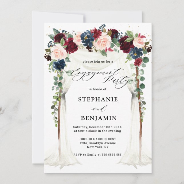 Invitación Partido de compromiso de baldaquino floral de la M (Anverso)