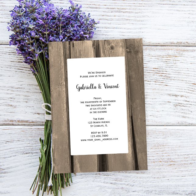Invitación Partido de compromiso de Barn Wood del País Rústic (Set a rustic tone for your barn party engagement celebration with this charming invitation.)
