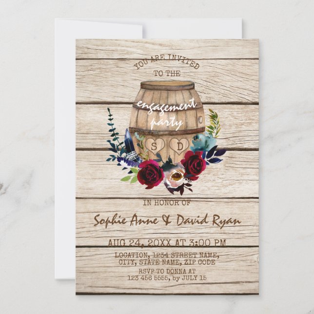 Invitación Partido de compromiso de barril de vino floral de  (Anverso)