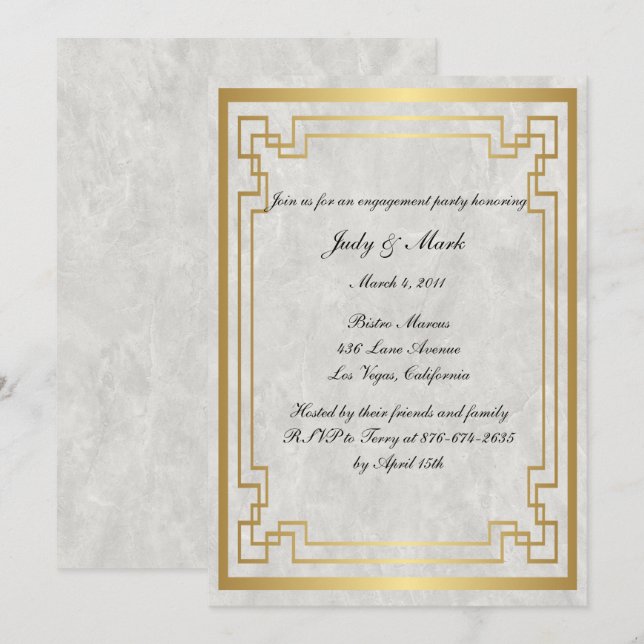 Invitación Partido de compromiso de Boda de mármol geométrico (Anverso / Reverso)