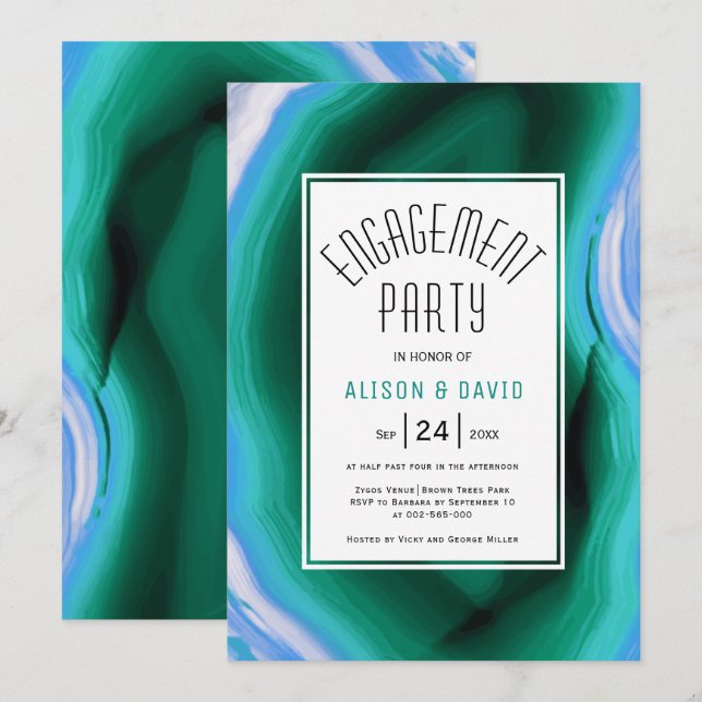 Invitación Partido de compromiso de boda de rebanada azul y v (Anverso / Reverso)
