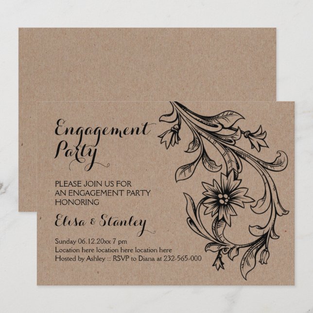 Invitación Partido de compromiso de boda floral de cartón Kra (Anverso / Reverso)