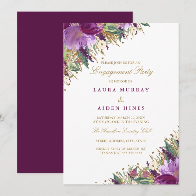 Invitación Partido de compromiso de Boda púrpura con el antim (Anverso / Reverso)