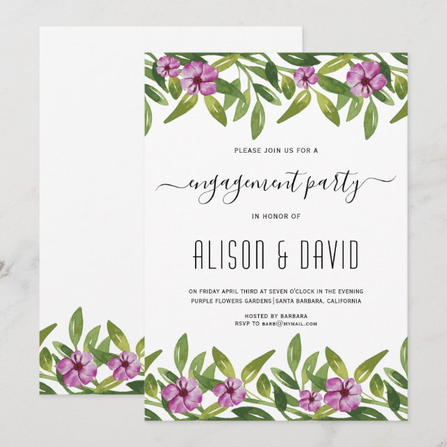 Invitación Partido de compromiso de boda púrpura de garland a (Anverso / Reverso)