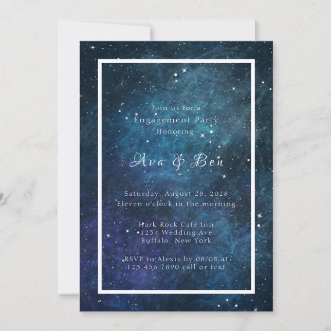 Invitación Partido de compromiso de Bodas de galaxia azul púr (Anverso)