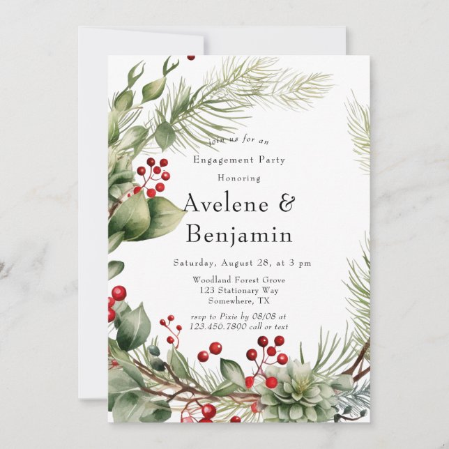 Invitación Partido de compromiso de Bodas de la guirnalda roj (Anverso)