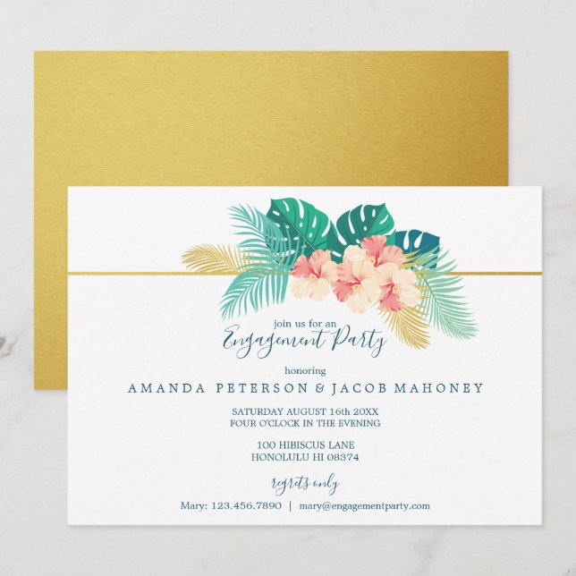 Invitación Partido de compromiso de Bodas Hibiscus Gold Hawai (Anverso / Reverso)