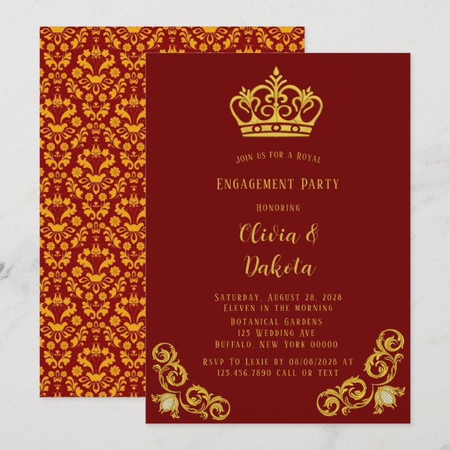 Invitación Partido de compromiso de Bodas Reales Rojos y Oro (Anverso / Reverso)