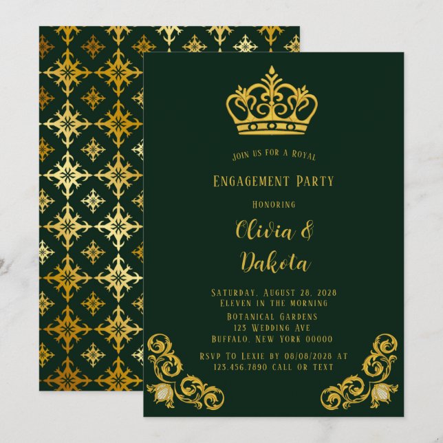 Invitación Partido de Compromiso de Bodas Reales Verdes y Oro (Anverso / Reverso)