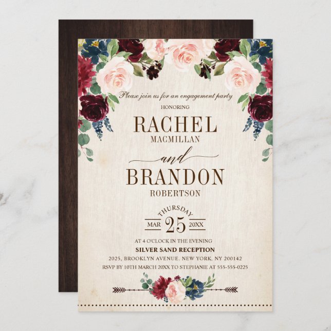 Invitación Partido de compromiso de Boho con floral de la Mar (Anverso / Reverso)