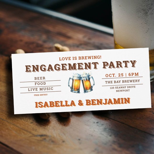 Invitación Partido de compromiso de boletos de cervecería con (beer themed engagement party invitation brewery ticket)