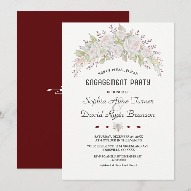 Invitación Partido de compromiso de Borgoña de rosas blancas (Anverso / Reverso)