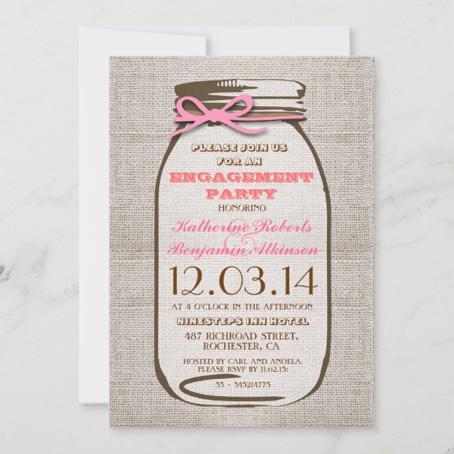 Invitación Partido de compromiso de Burlap Mason Jar (Anverso)