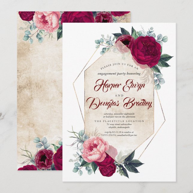 Invitación Partido de compromiso de caída floral roja de Borg (Anverso / Reverso)