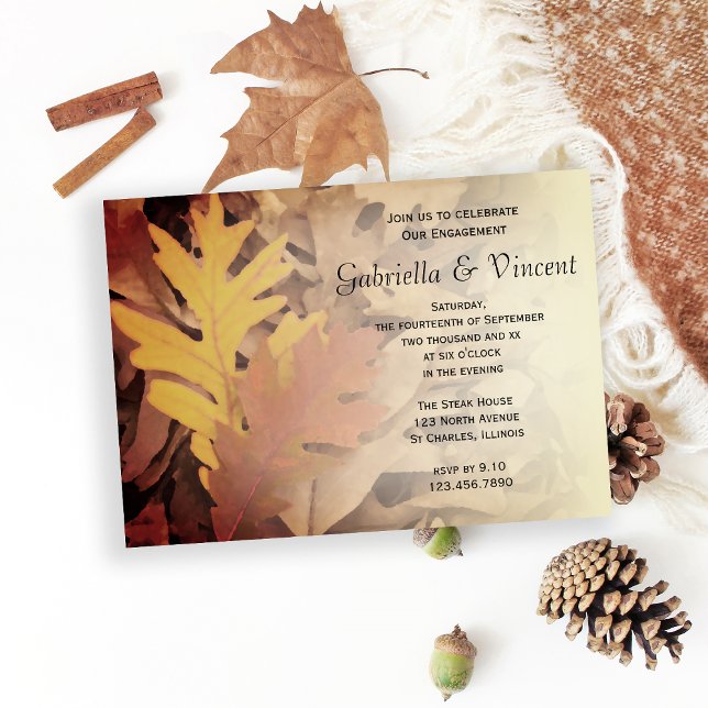 Invitación Partido de Compromiso de Caída Pintada (Fall in love and celebrate the engaged couple with this autumn engagement party invitation.)