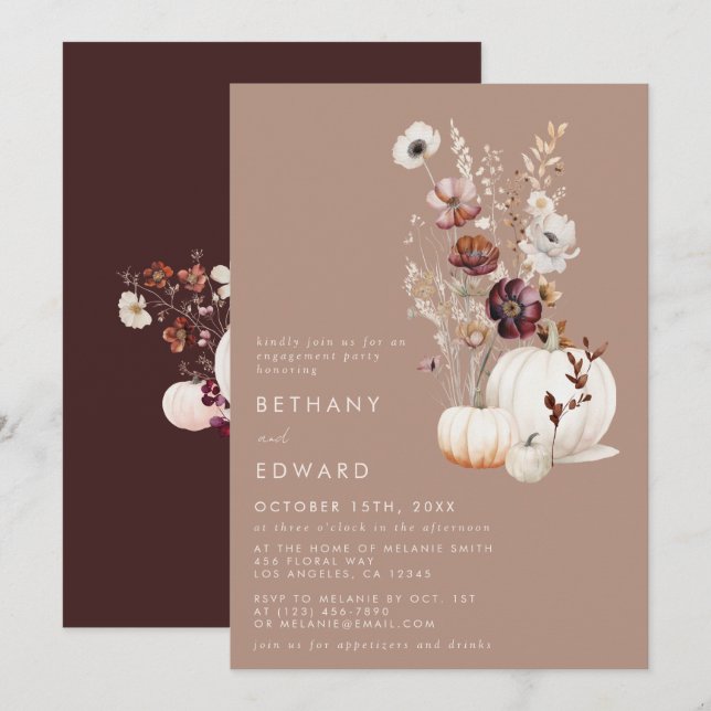Invitación Partido de compromiso de calabaza floral de Taupe  (Anverso / Reverso)