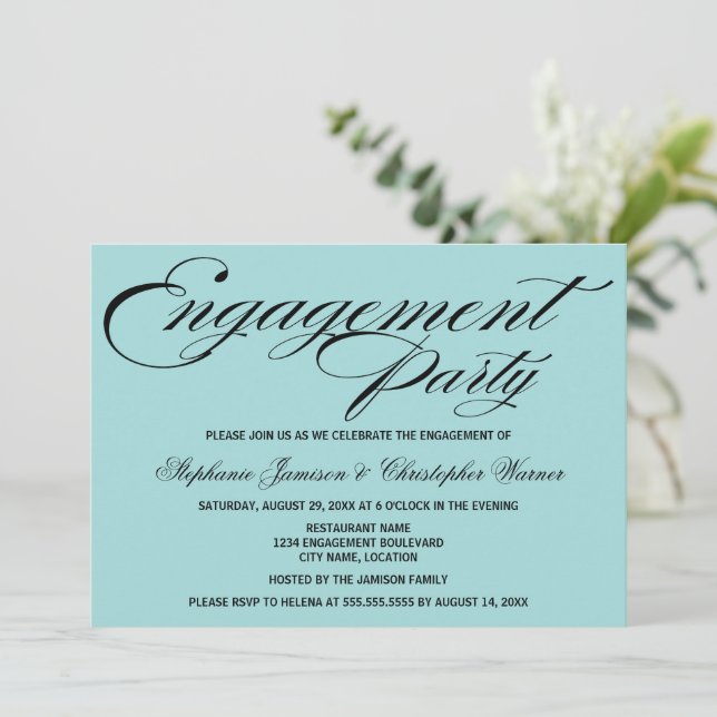 Invitación Partido de Compromiso de Calligraphy Elegance Aqua (Anverso de pie)
