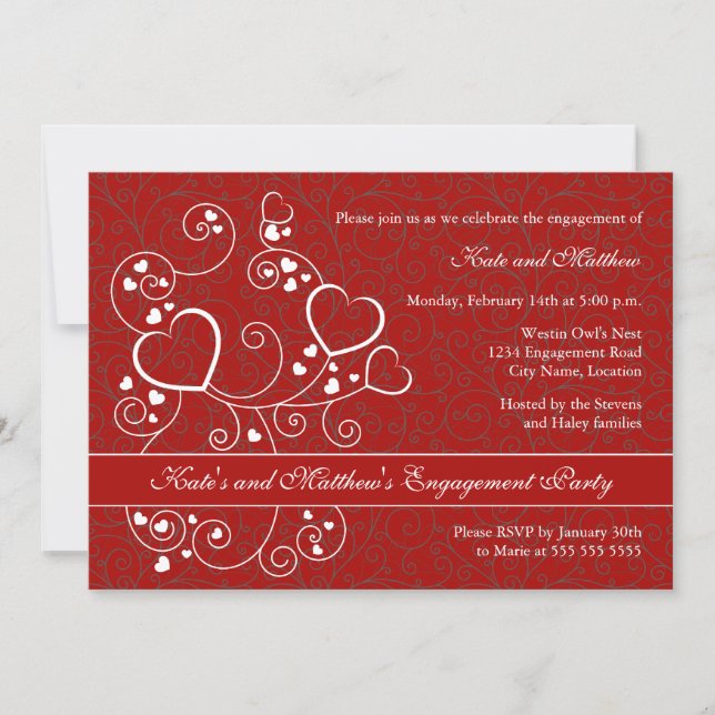 Invitación Partido de compromiso de corazones y Swirls (Anverso)