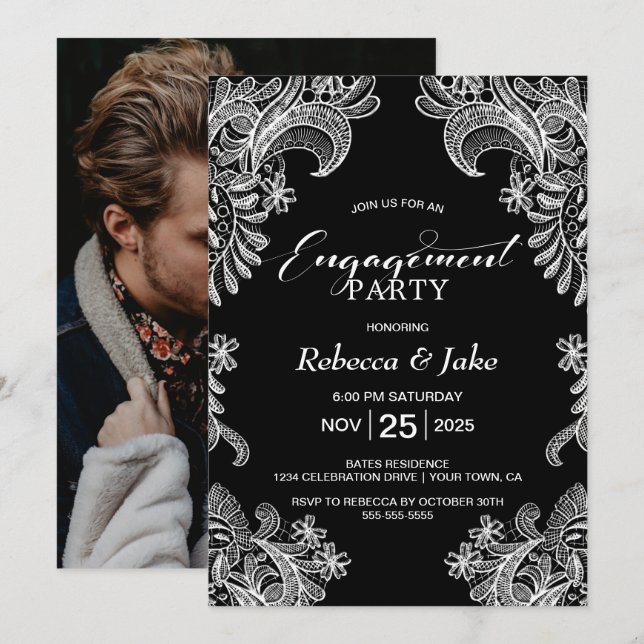 Invitación Partido de compromiso de encaje blanco negro (Anverso / Reverso)