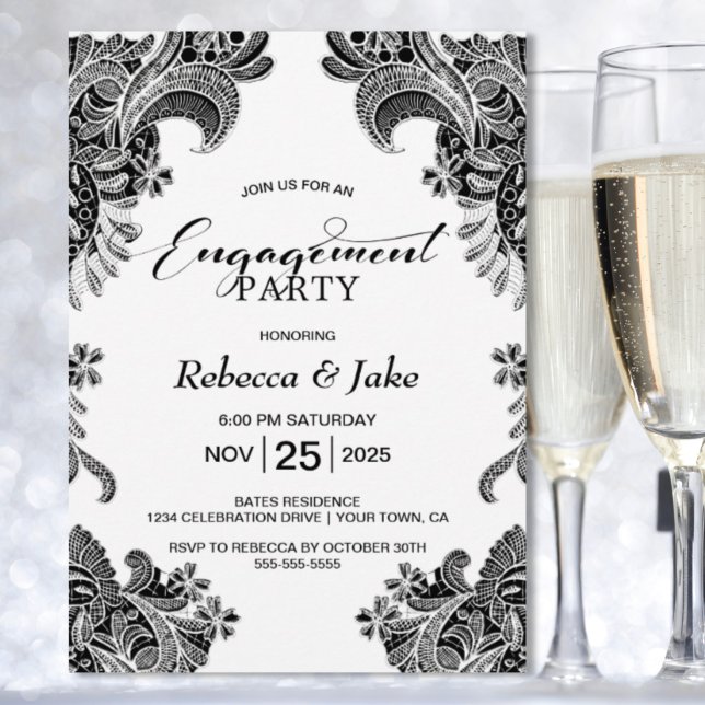 Invitación Partido de compromiso de encaje blanco y negro (Subido por el creador)