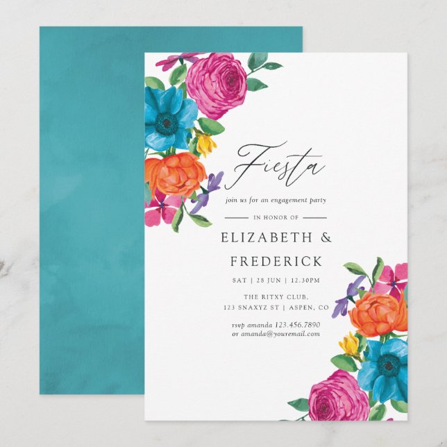 Invitación Partido de compromiso de Fiesta Floral de Acuarela (Anverso / Reverso)