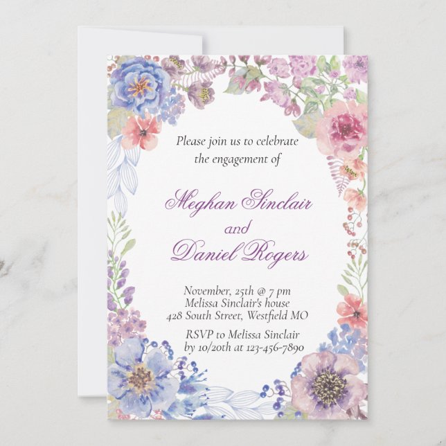 Invitación Partido de compromiso de flor azul, rosa y púrpura (Anverso)