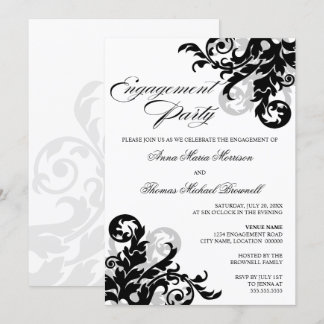 Invitación Partido de compromiso de flor negro y plateado