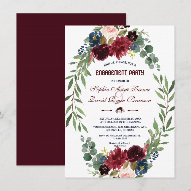 Invitación Partido de compromiso de floración floral azul de  (Anverso / Reverso)
