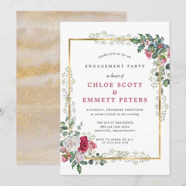 Invitación Partido de compromiso de floral holly Rosa (Anverso / Reverso)
