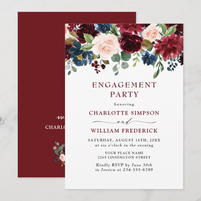 Invitación PARTIDO DE COMPROMISO DE Flores Rubor azules de la (Anverso / Reverso)