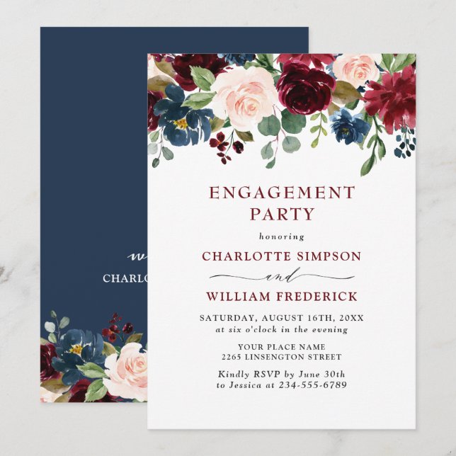 Invitación PARTIDO DE COMPROMISO DE Flores Rubor azules de la (Anverso / Reverso)
