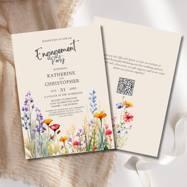 Invitación Partido de compromiso de flores silvestres colorid (Wedding Engagement Party Invitation with colorful jewel tone wildflowers in purple, red, orange.)