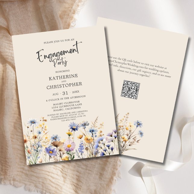 Invitación Partido de compromiso de flores silvestres de BOHO (BOHO Wildflowers Elegant Engagement Party Invitation with Purple, Blue, Yellow Flowers, QR Code.)