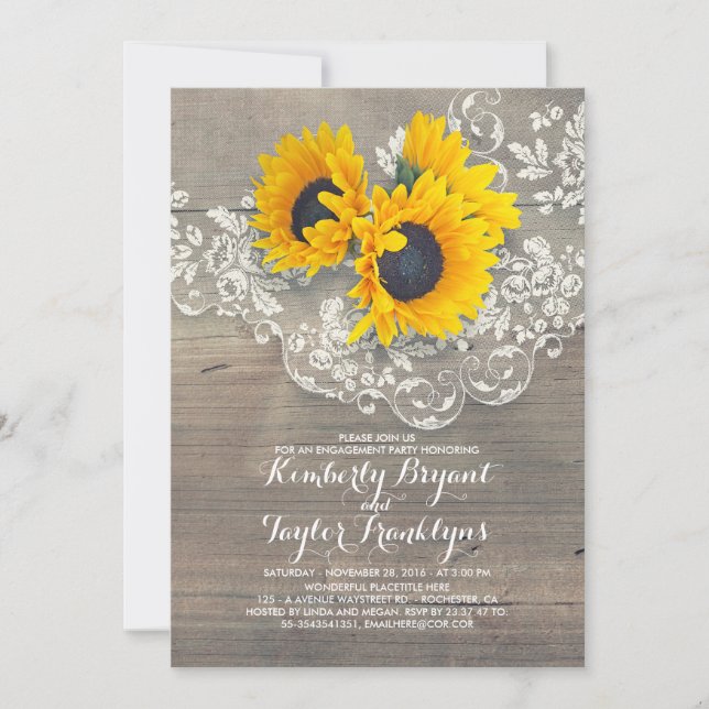 Invitación Partido de compromiso de girasoles rusos de madera (Anverso)