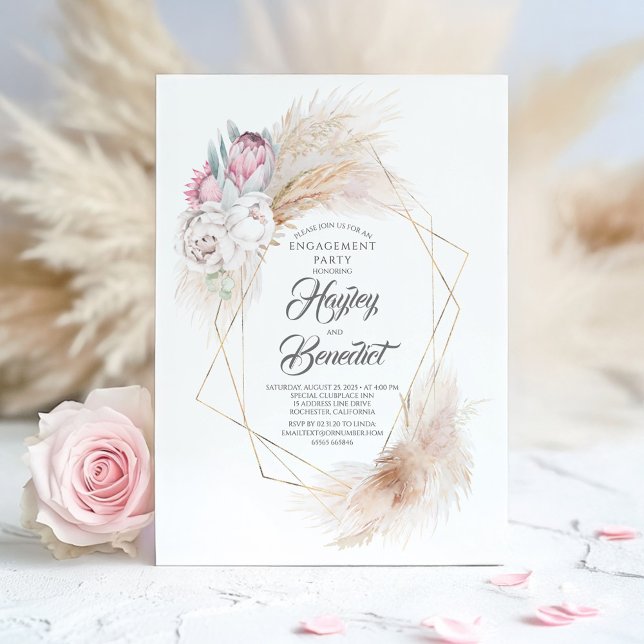 Invitación Partido de compromiso de Grass King Pink Protea y  (Boho Floral Engagement Invitation)
