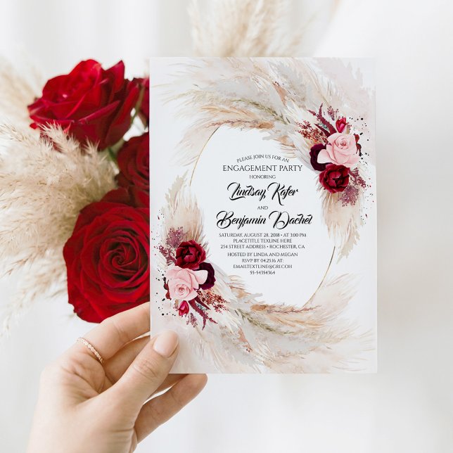 Invitación Partido de Compromiso de Grass Red Floral Pampas d (Red and Pink Floral Botanical Engagement Party Invitation)