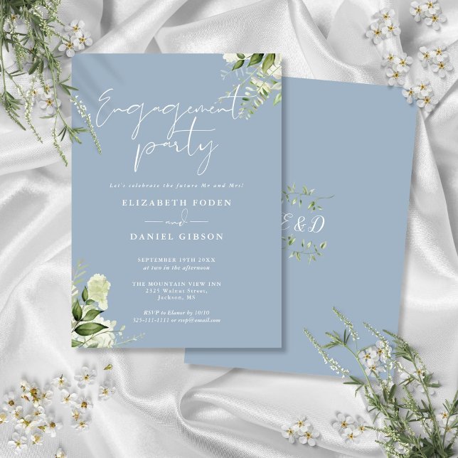 Invitación Partido de compromiso de guión azul agitado y flor (Floral Dusty Blue Script Engagement Party Invitation)
