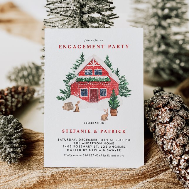 Invitación Partido de compromiso de invierno del Bosque de Al (A winter engagement party invitation featuring watercolor red cottage in a winter woodland scene.)