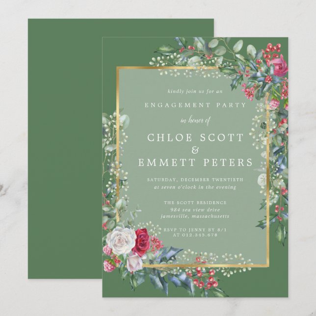 Invitación Partido de compromiso de invierno Rustic Holly Ber (Anverso / Reverso)