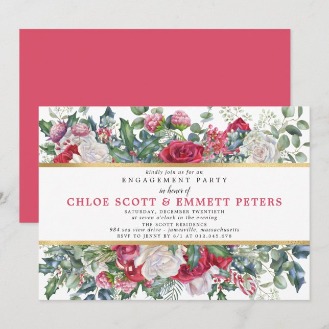 Invitación Partido de compromiso de invierno Rustic Holly Ber (Anverso / Reverso)