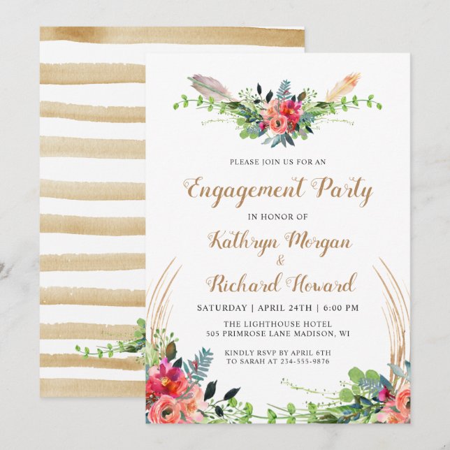 Invitación Partido de compromiso de jardín floral del Boho de (Anverso / Reverso)
