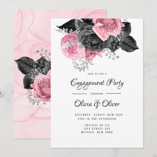 Invitación Partido de compromiso de la floración floral rosa  (Anverso / Reverso)